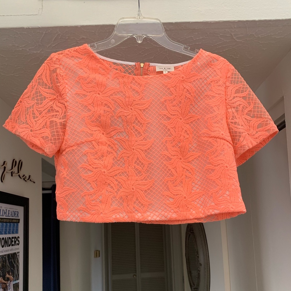 Tea & cup neon orange lace crop top